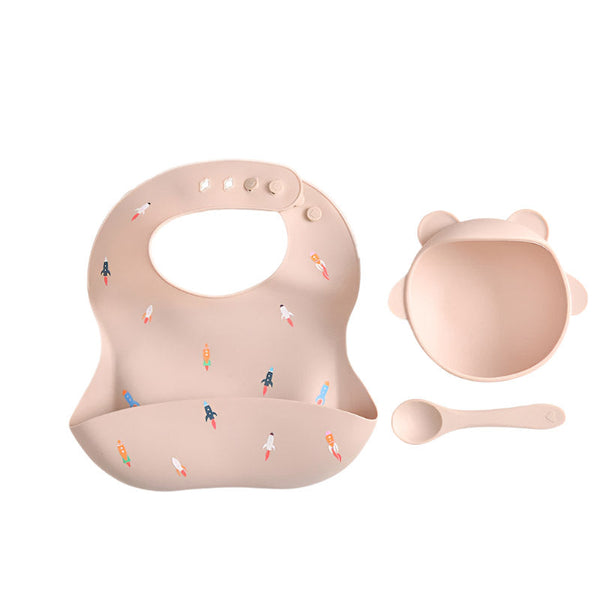 Baby Bibs & Burp Cloths Elosung Rocket Pattern Beige Soft And Safe Silicone Baby Feeding Set Bib Bowl Spoon Combo For Mess Free Meals