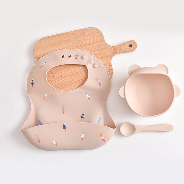 Baby Bibs & Burp Cloths Elosung Rocket Pattern Beige Soft And Safe Silicone Baby Feeding Set Bib Bowl Spoon Combo For Mess Free Meals