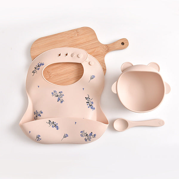 Lilac Pattern Beige Soft And Safe Silicone Little One Feeding Set Bib Bowl Spoon Combo For Mess Free Meals Baby Bibs & Burp Cloths