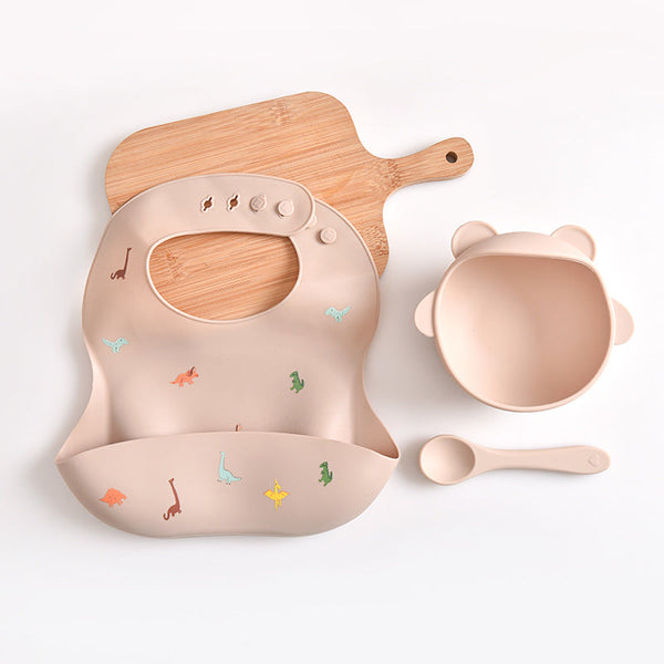 Elosung Dinosaur Pattern Beige Soft And Safe Silicone Little One Feeding Set Bib Bowl Spoon Combo For Mess Free Meals Sippy Cups & Mugs