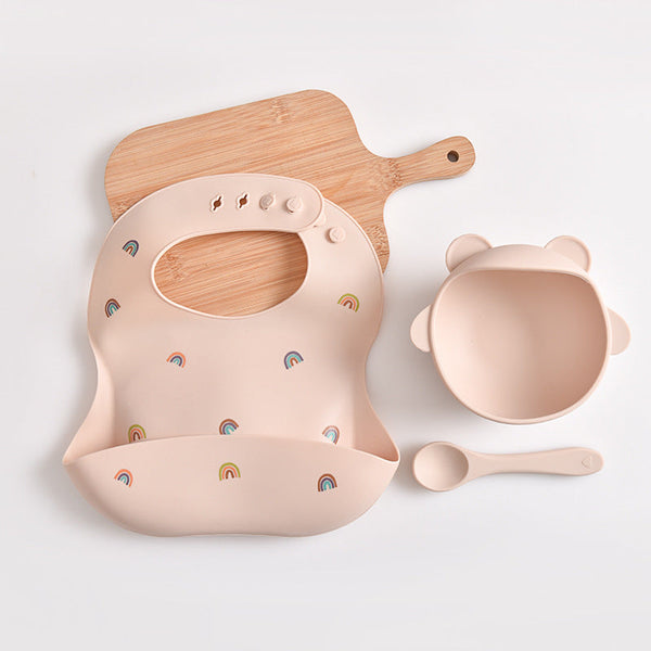 Elosung Rainbow Pattern Beige Soft And Safe Silicone Baby Feeding Set Bib Bowl Spoon Combo For Mess Free Meals Baby Bibs & Burp Cloths
