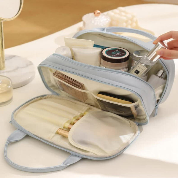 Elosung Pink Premium Pu Leather Portable Makeup Bag Large Capacity Waterproof Travel Cosmetic Organizer(Cosmetics Are Shooting Props Not Included) Mak