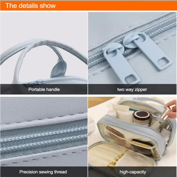 Blue Premium Pu Leather Portable Makeup Bag Large Capacity Waterproof Travel Cosmetic Organiser Makeup Bags & Cases