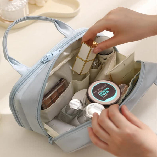 Blue Premium Pu Leather Portable Makeup Bag Large Capacity Waterproof Travel Cosmetic Organiser Makeup Bags & Cases