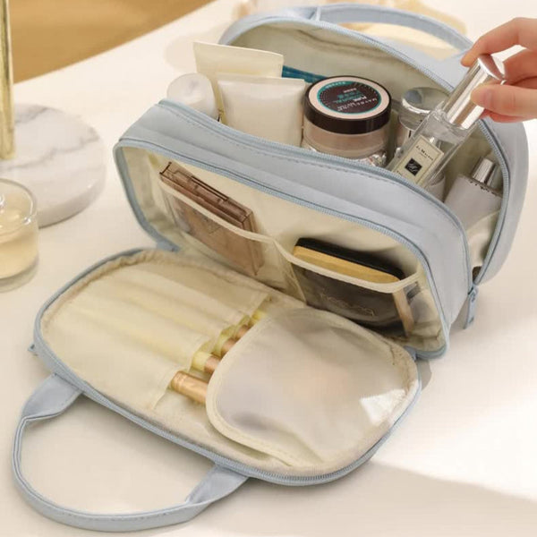 Elosung Black Premium Pu Leather Portable Makeup Bag Large Capacity Waterproof Travel Cosmetic Organizer(Cosmetics Are Shooting Props Not Included) Ma