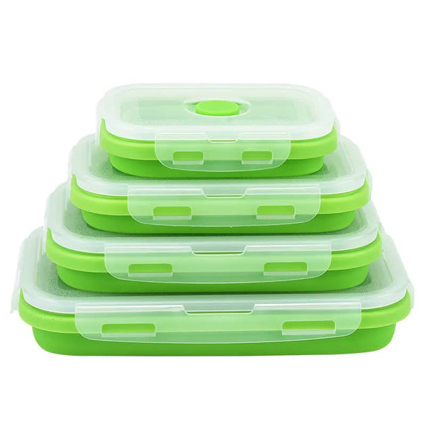 Elosung Green Collapsible Silicone Bento Box Set 4 Piece Food Grade Microwave & Freezer Safe Lunch Lunchboxes