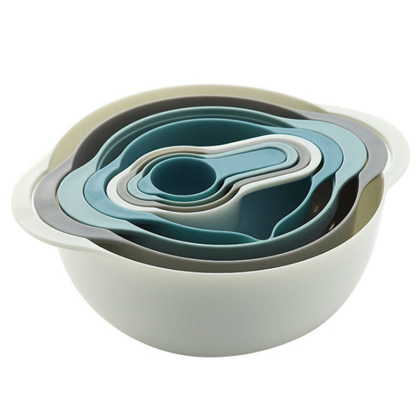 Elosung Blue 8 Piece Baking Tool Set Measuring Cups Spoons Rainbow Mixing Bowls Vegetable Washing Basket Flour Sifter Measuring Cups Jugs & Spoons