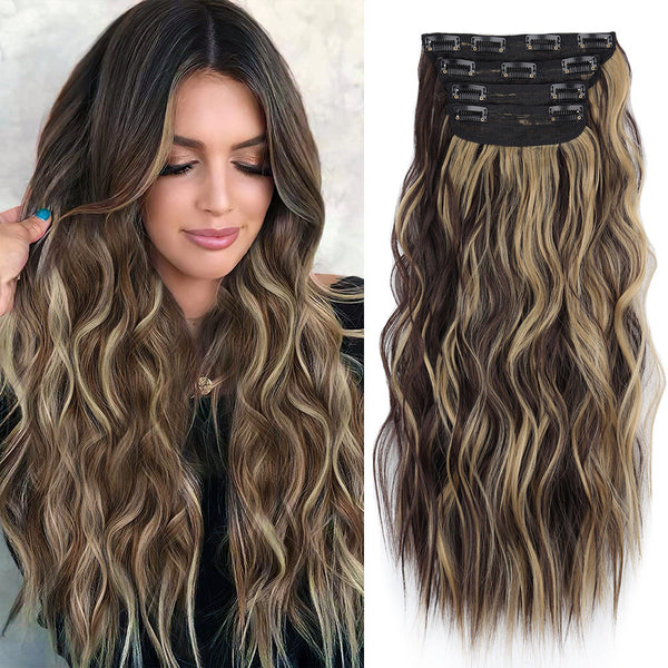 Elosung 4 Pcs Set Brown High Quality Wavy Clip In 50Cm 200G Synthetic Fiber Voluminous Beach Waves For Instant Makeover Hair Extensions