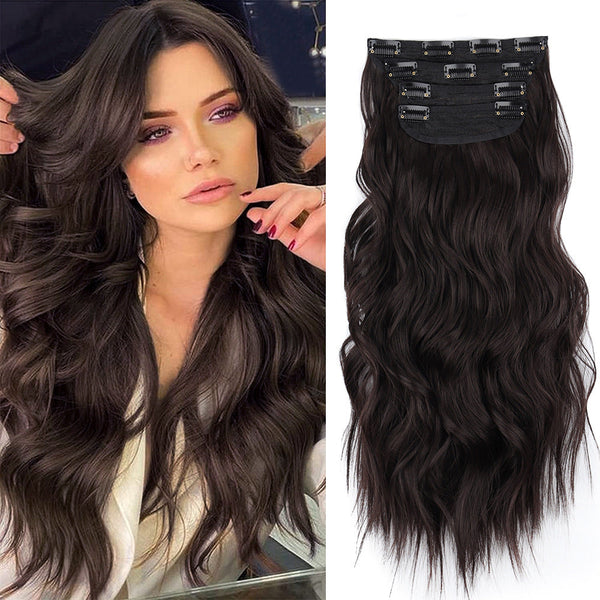 Elosung 4 Pcs Set Dark Brown High Quality Wavy Clip In 50Cm 200G Synthetic Fiber Voluminous Beach Waves For Instant Makeover Hair Extensions
