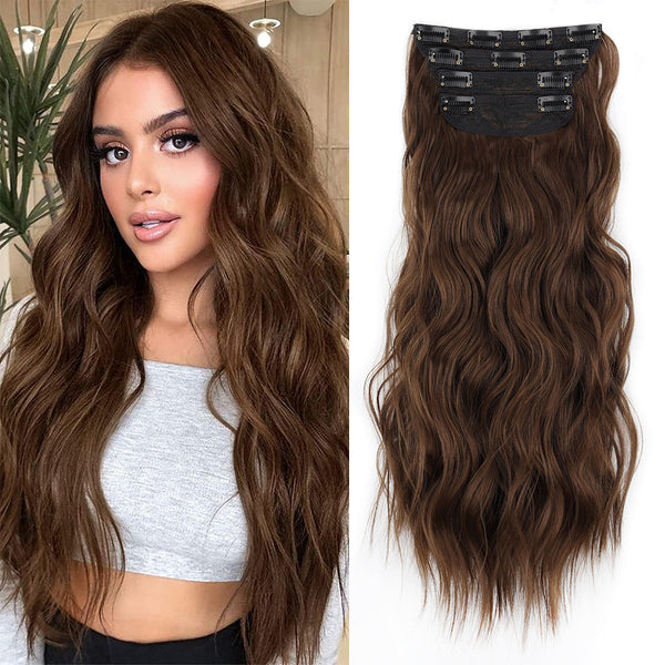 Elosung 4 Pcs Set Coffee High Quality Wavy Clip In 50Cm 200G Synthetic Fiber Voluminous Beach Waves For Instant Makeover Hair Extensions