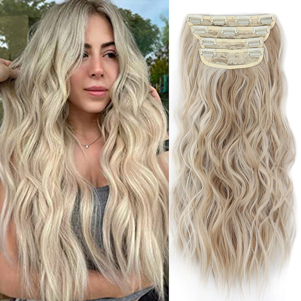 Elosung 4 Pcs Set Light Gold High Quality Wavy Clip In 50Cm 200G Synthetic Fiber Voluminous Beach Waves For Instant Makeover Hair Extensions