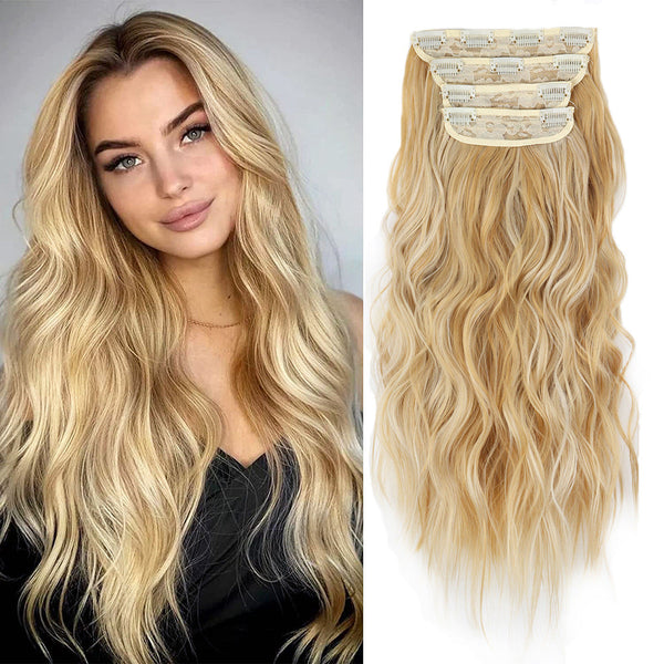Elosung 4 Pcs Set Gold High Quality Wavy Clip In 50Cm 200G Synthetic Fiber Voluminous Beach Waves For Instant Makeover Hair Extensions