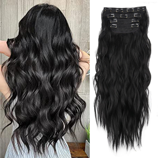 Elosung 4 Pcs Set Black High Quality Wavy Clip In 50Cm 200G Synthetic Fiber Voluminous Beach Waves For Instant Makeover Hair Extensions