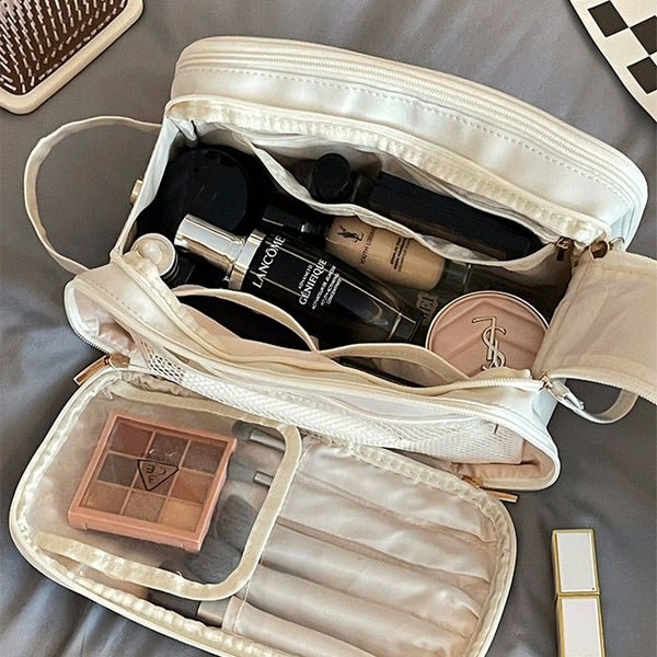 White Large Capacity Makeup Organizer Bag Travel Friendly Double Zip Cosmetic Storage Case For Women(Makeup Items Are Shooting Props And Not Included)