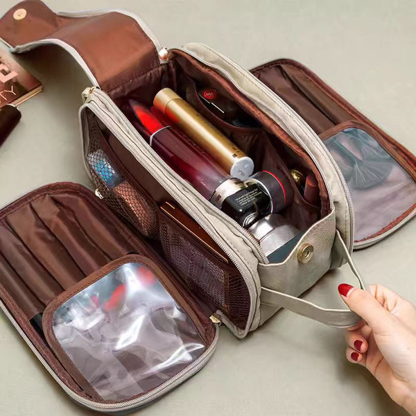 Brown Large Capacity Makeup Organizer Bag Travel Friendly Double Zip Cosmetic Storage Case For Women(Makeup Items Are Shooting Props And Not Included)