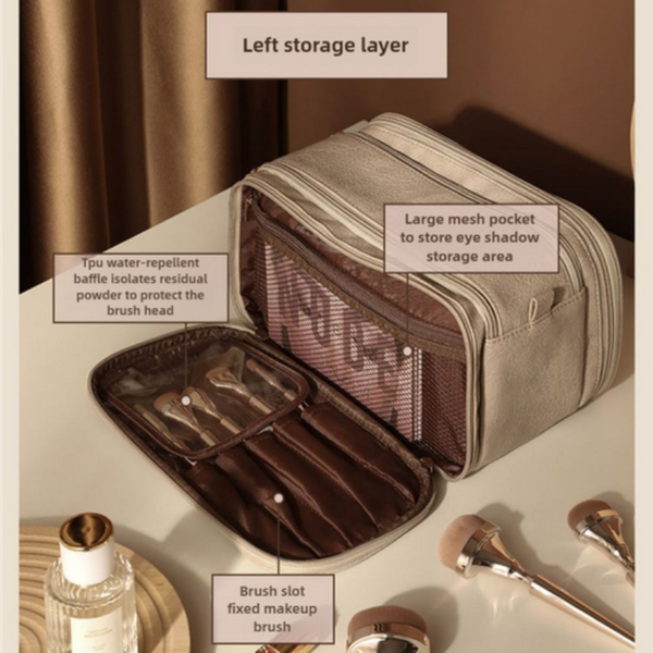 Brown Large Capacity Makeup Organizer Bag Travel Friendly Double Zip Cosmetic Storage Case For Women(Makeup Items Are Shooting Props And Not Included)