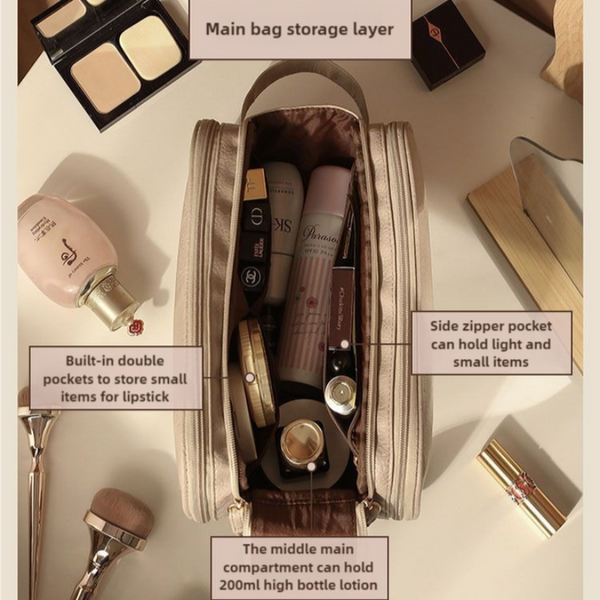 Brown Large Capacity Makeup Organizer Bag Travel Friendly Double Zip Cosmetic Storage Case For Women(Makeup Items Are Shooting Props And Not Included)