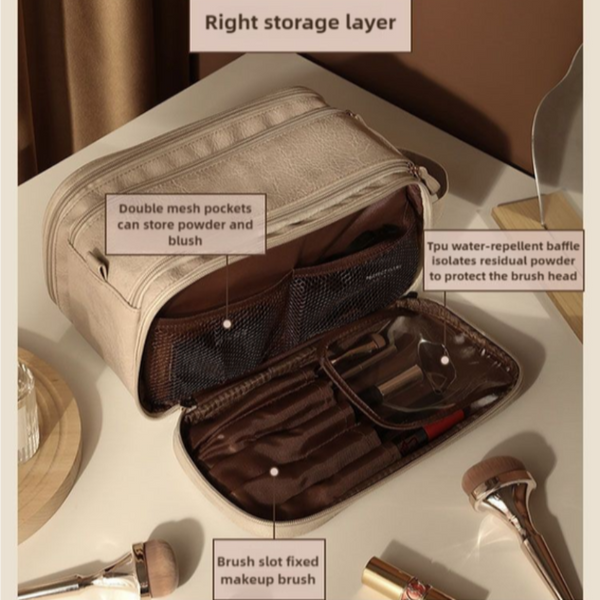Brown Large Capacity Makeup Organizer Bag Travel Friendly Double Zip Cosmetic Storage Case For Women(Makeup Items Are Shooting Props And Not Included)