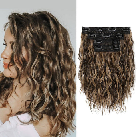 Brown 12 Inch Clip Wavy 4 Piece Set Easy To Apply Instant Volume Boost Hair Extensions