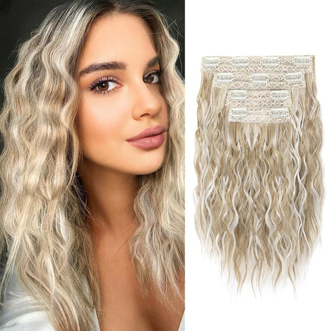 Light Gold 12 Inch Clip Wavy 4 Piece Set Easy To Apply Instant Volume Boost Hair Extensions