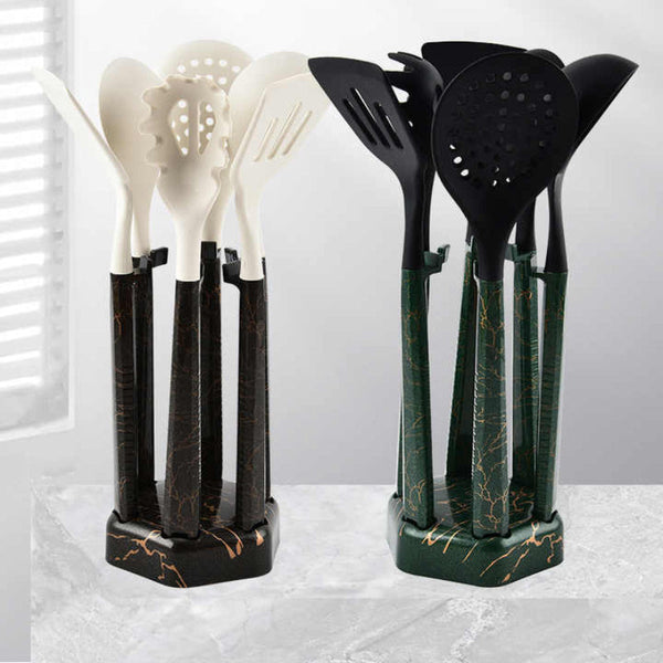 Elosung Black And Green Set High Temperature Resistant 7 Piece Silicone Kitchen Utensils Non Stick Cooking Tools Food Grade Heat Spatulas Spoons For P