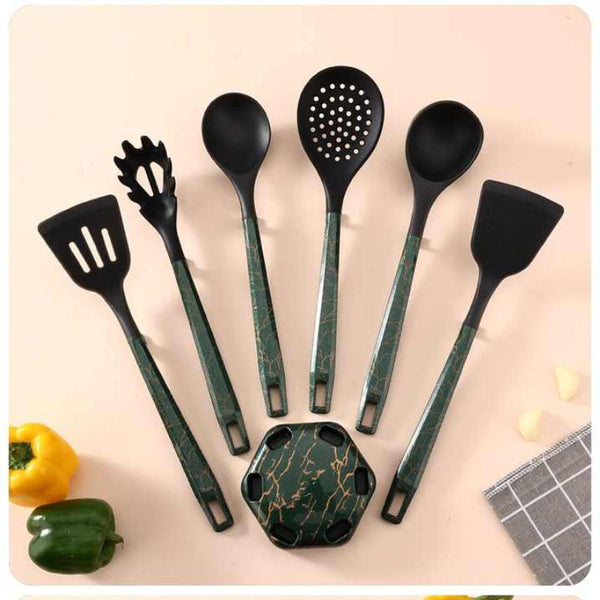 Elosung Black And Green Set High Temperature Resistant 7 Piece Silicone Kitchen Utensils Non Stick Cooking Tools Food Grade Heat Spatulas Spoons For P