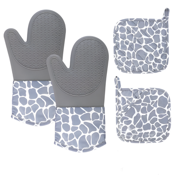 Grey 4 Piece Set Heat Resistant Silicone Kitchen Gloves With Oven Mitts & Pot Holders For Safe Cooking Baking Oven Mitts & Potholders