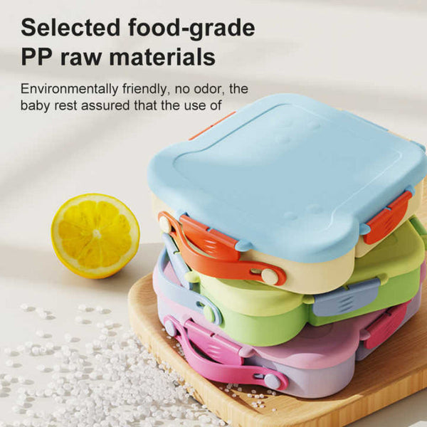 Yellow And Green Kids Bento Box With Dividers Microwave Safe Leak Proof Lunch Fork & Spoon Eco Friendly Pp Plastic Colorful Leakproof Food Storage Lun