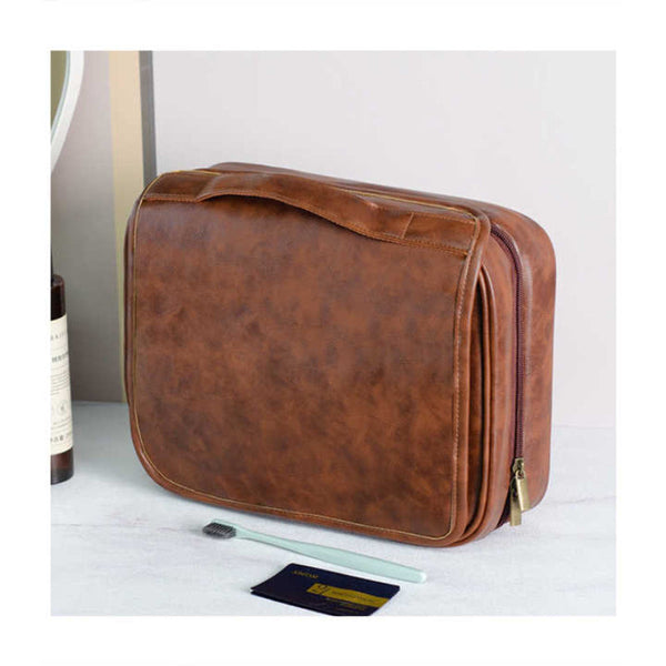 Reddish Brown Luxury Pu Business Travel Toiletry Bag Large Capacity Waterproof Makeup Organizer With Dividers Makeup Bags & Cases