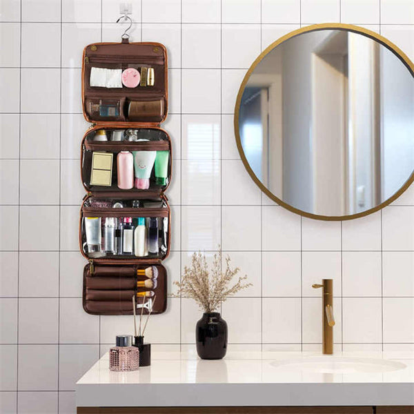 Yellowish Brown Luxury Pu Business Travel Toiletry Bag Large Capacity Waterproof Makeup Organiser With Dividers Portable & Stylish Bathroom Storage To