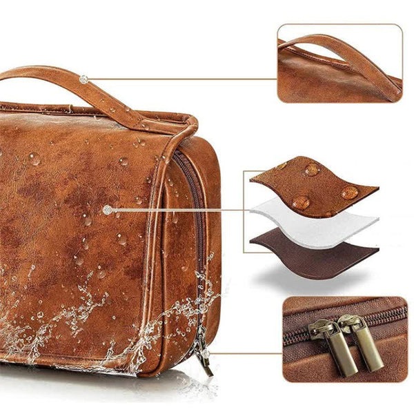 Yellowish Brown Luxury Pu Business Travel Toiletry Bag Large Capacity Waterproof Makeup Organiser With Dividers Portable & Stylish Bathroom Storage To