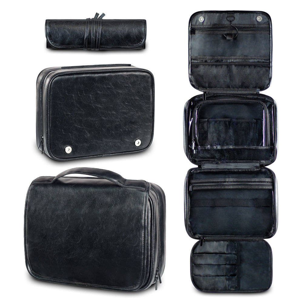 Black Luxury Pu Business Travel Toiletry Bag Large Capacity Waterproof Makeup Organizer With Dividers Portable & Stylish Bathroom Storage Toilet Paper
