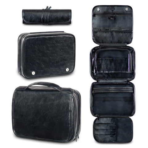 Black Luxury Pu Business Travel Toiletry Bag Large Capacity Waterproof Makeup Organizer With Dividers Portable & Stylish Bathroom Storage Toilet Paper