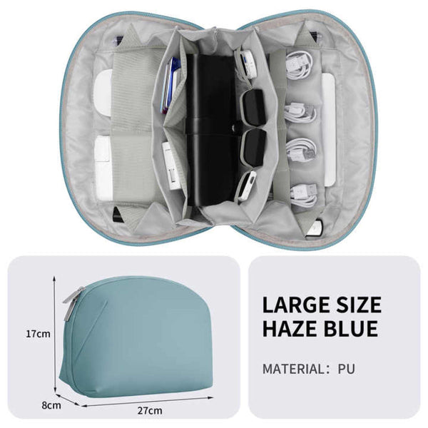 Grey Large Capacity Multi Functional Pu Digital Storage Organizer Bag Waterproof & Portable For Cables Chargers And Accessories Storage Bags