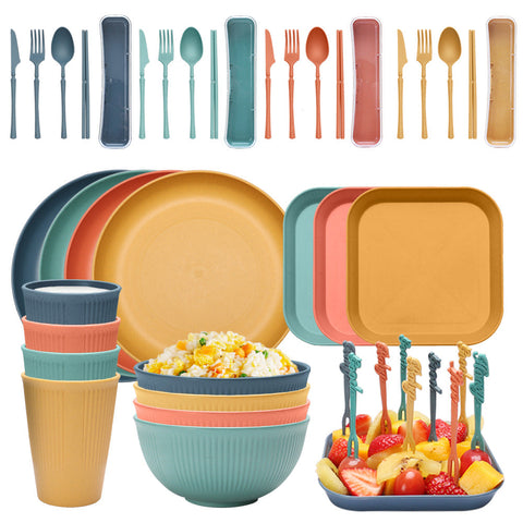 Four Person Set Multicolor Eco Friendly Wheat Straw Dinnerware Plate Bowl Cup & Utensil Lightweight Reusable And Durable For Home School Travel Dinner