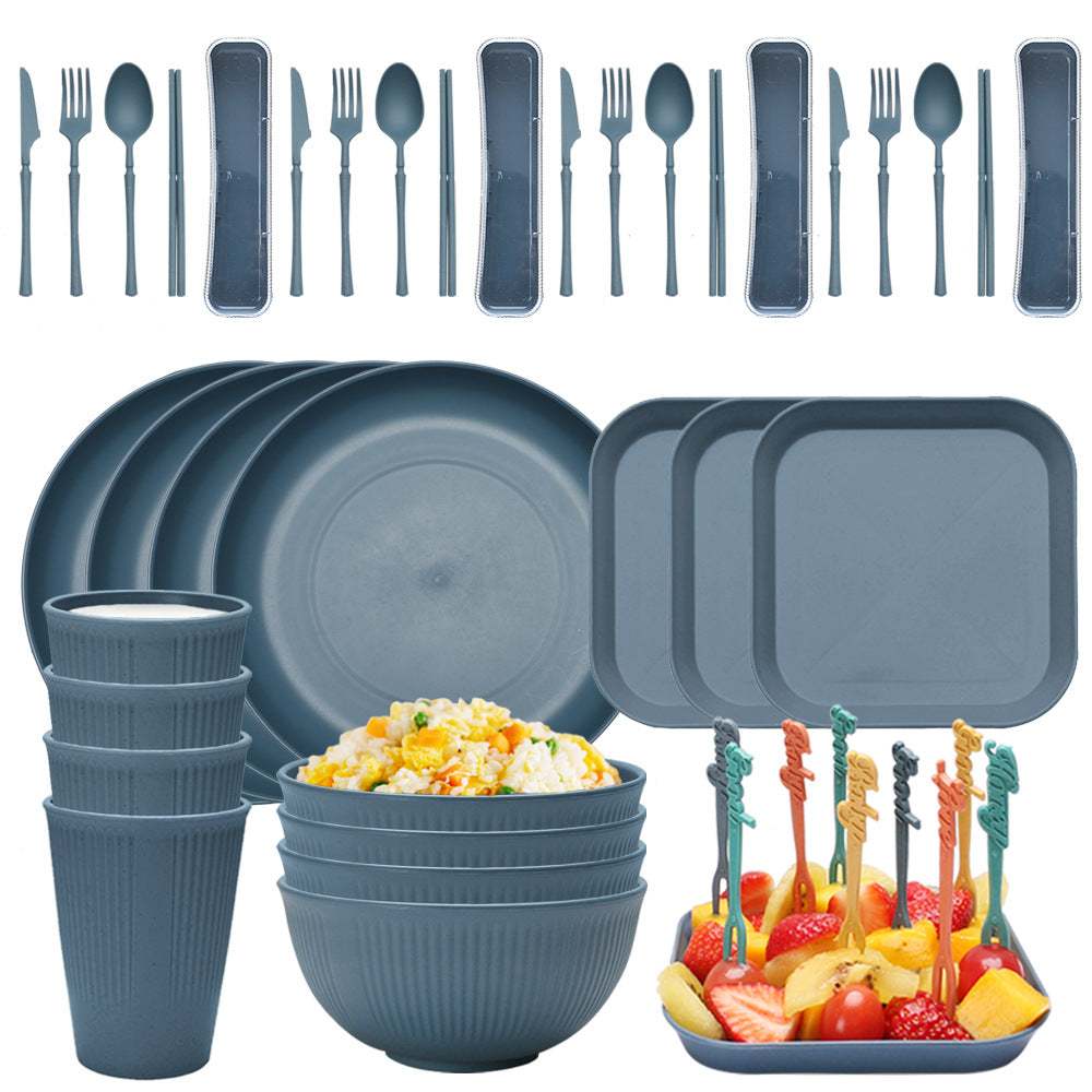 Four Person Set Blue Eco Friendly Wheat Straw Dinnerware Plate Bowl Cup & Utensil Lightweight Reusable And Durable For Home School Travel Dinner Sets