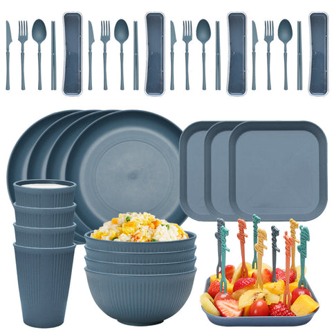 Four Person Set Blue Eco Friendly Wheat Straw Dinnerware Plate Bowl Cup & Utensil Lightweight Reusable And Durable For Home School Travel Dinner Sets