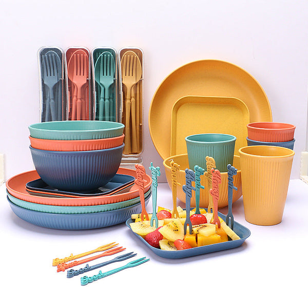 Four Person Set Blue Eco Friendly Wheat Straw Dinnerware Plate Bowl Cup & Utensil Lightweight Reusable And Durable For Home School Travel Dinner Sets