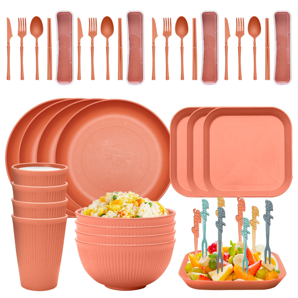 Four Person Set Orange Eco Friendly Wheat Straw Dinnerware Plate Bowl Cup & Utensil Lightweight Reusable And Durable For Home School Travel Dinner Set