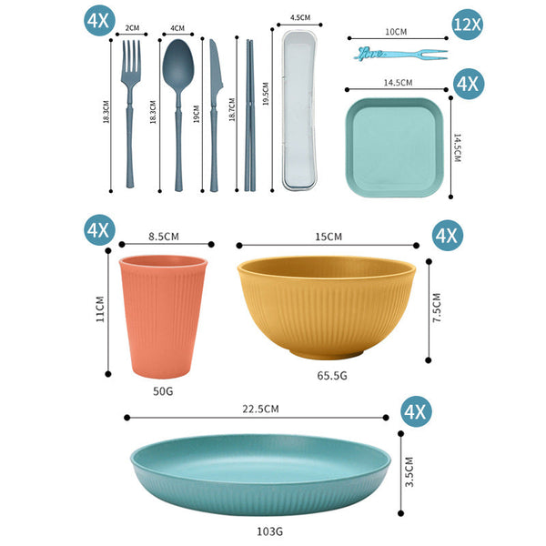 Four Person Set Orange Eco Friendly Wheat Straw Dinnerware Plate Bowl Cup & Utensil Lightweight Reusable And Durable For Home School Travel Dinner Set