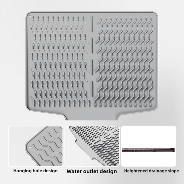 Grey Silicone Dish Drying Mat Non Slip Draining Pad For Sink Heat Resistant And Water Absorbent Ideal Dishes Cups Utensils Kitchen Bench Mats