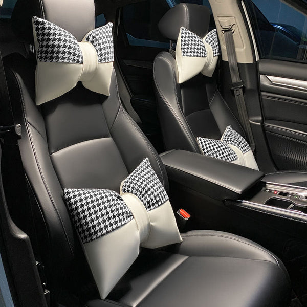 Elosung 1 Pair (Headrest + Pillow) White Cute Bowtie Car And Waist Cushion Set Stylish Houndstooth Design Soft Neck Back Support For Interior Other Ca