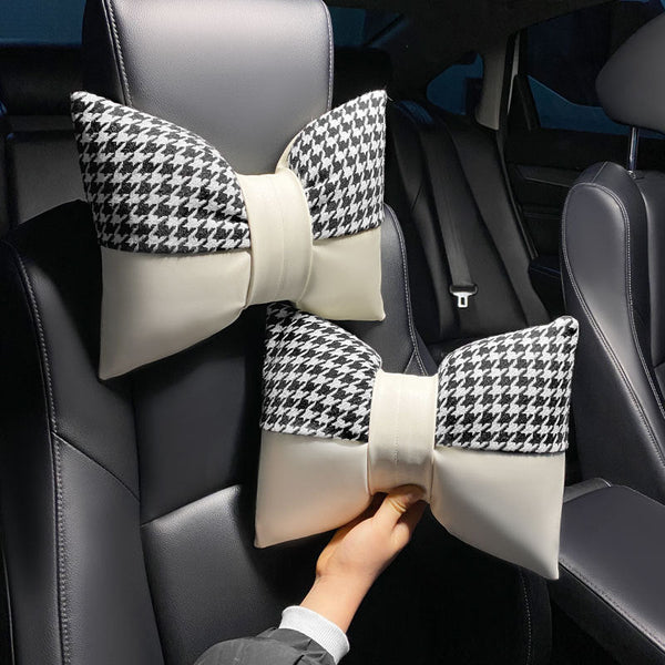 Elosung 1 Pair (Headrest + Pillow) White Cute Bowtie Car And Waist Cushion Set Stylish Houndstooth Design Soft Neck Back Support For Interior Other Ca