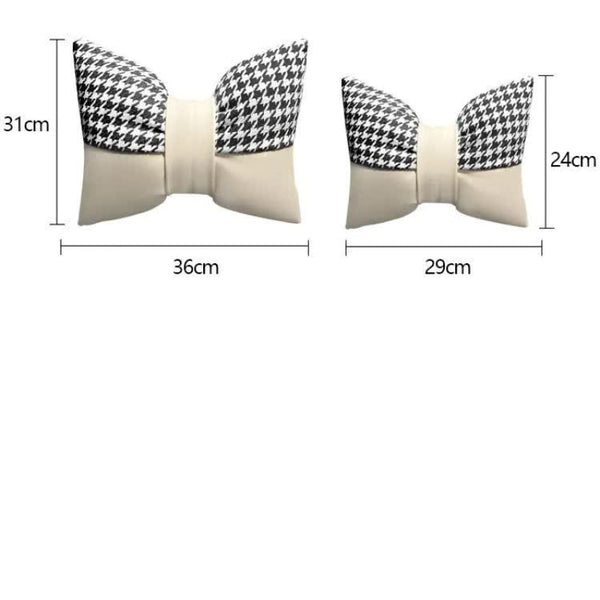 Elosung 1 Pair (Headrest + Pillow) White Cute Bowtie Car And Waist Cushion Set Stylish Houndstooth Design Soft Neck Back Support For Interior Other Ca