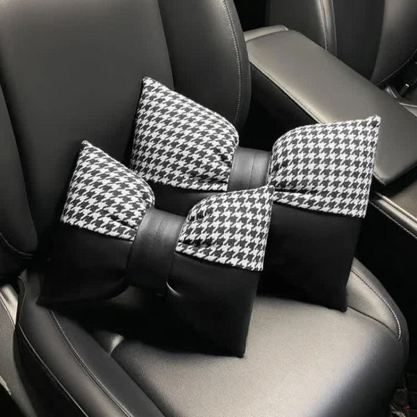 Elosung 1 Pair (Headrest + Pillow) White Cute Bowtie Car And Waist Cushion Set Stylish Houndstooth Design Soft Neck Back Support For Interior Other Ca