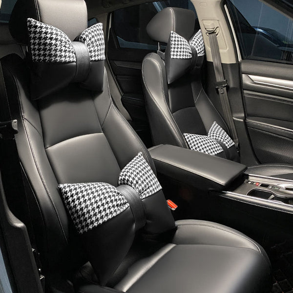 Elosung 1 Pair (Headrest + Pillow) Black Cute Bowtie Car And Waist Cushion Set Stylish Houndstooth Design Soft Neck Back Support For Interior Other Ca