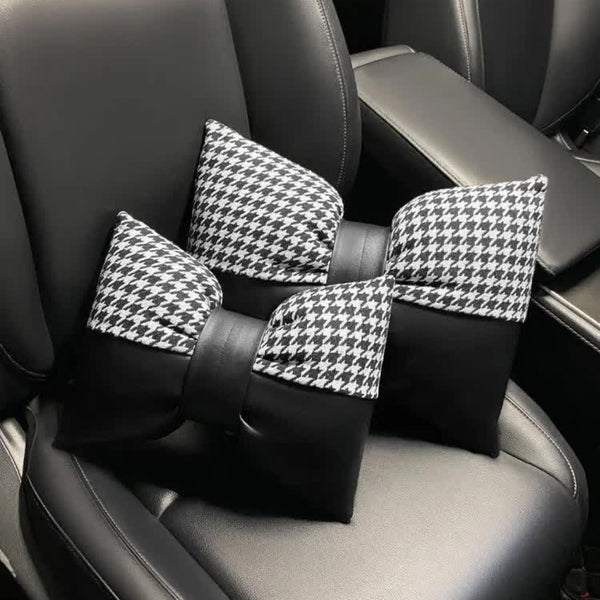 Elosung 1 Pair (Headrest + Pillow) Black Cute Bowtie Car And Waist Cushion Set Stylish Houndstooth Design Soft Neck Back Support For Interior Other Ca