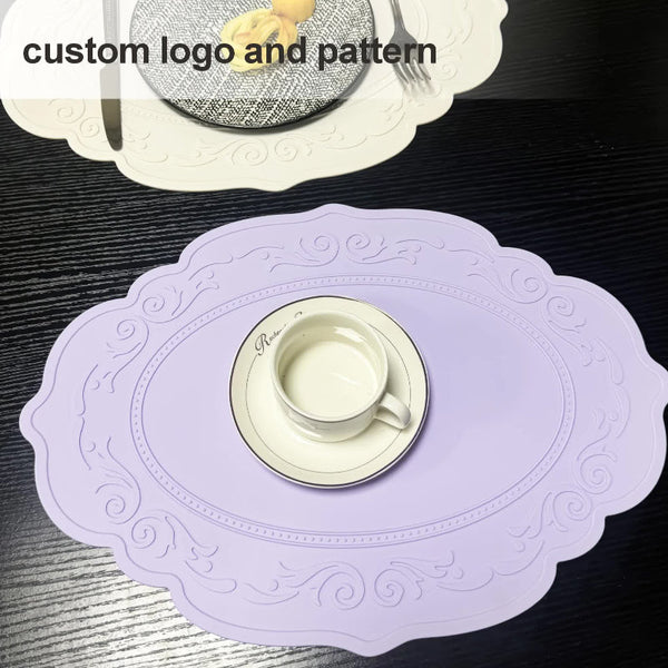 Elosung 2 Pcs Purple Oval Embossed Floral Edged Silicone Non Slip Heat Resistant Easy To Clean Dining Table Mats Korean And Style Placemats