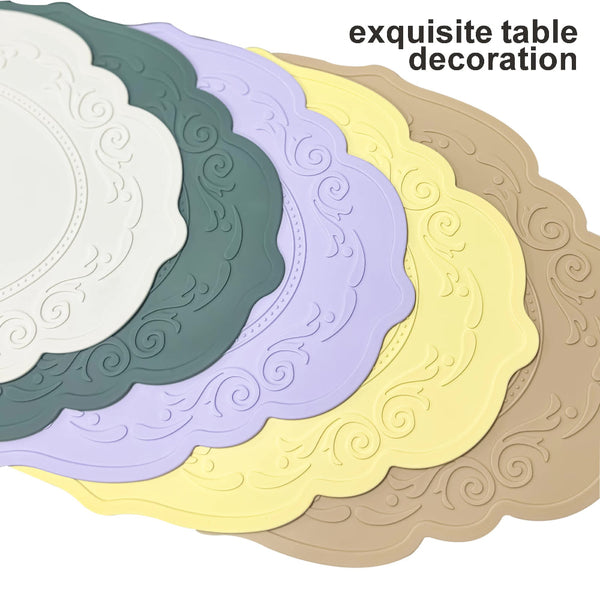 Elosung 2 Pcs Orange Oval Embossed Floral Edged Silicone Non Slip Heat Resistant Easy To Clean Dining Table Mats Korean And Style Placemats