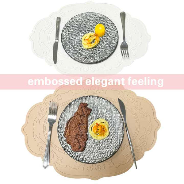 Elosung 2 Pcs Orange Oval Embossed Floral Edged Silicone Non Slip Heat Resistant Easy To Clean Dining Table Mats Korean And Style Placemats